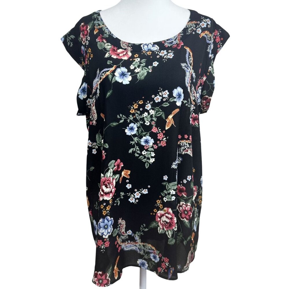 Pleione Size L Womens Blouse Black , Blue ,Pink Floral Sleeveless Round Top